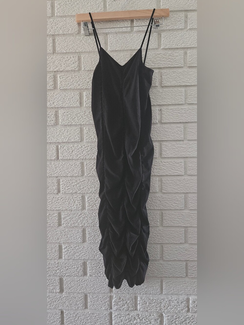 Arden B Black Ruched Midi Slip Dress with Spaghetti Straps